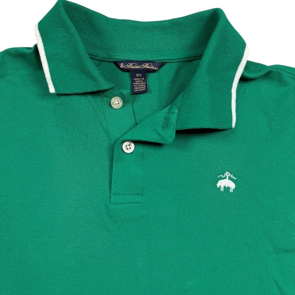 Brooks Brothers Polo Shirt Boys 10Y Green Tipped Collar Pique Logo Short Sleeve